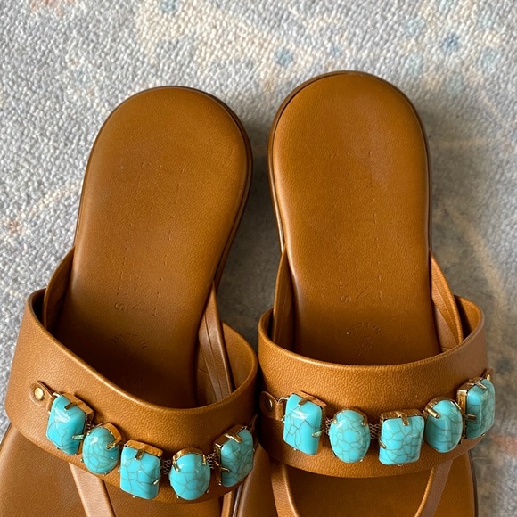 Italian Shoemakers Tan Leather Thong Sandals w/ Turquoise Beads - Picture 4 of 4